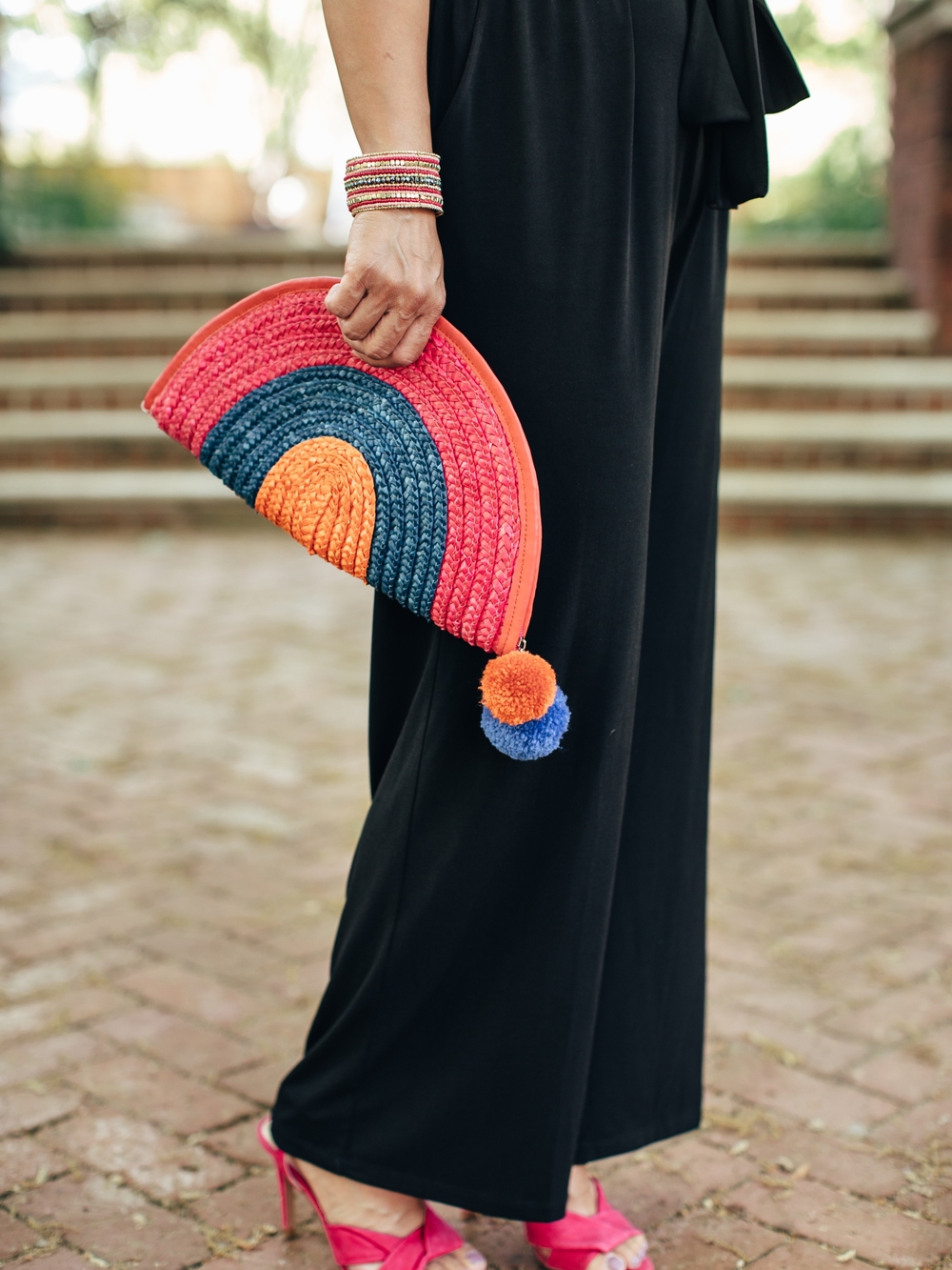 Colorful Half-Moon Straw Clutch - Pink, Blue & Orange